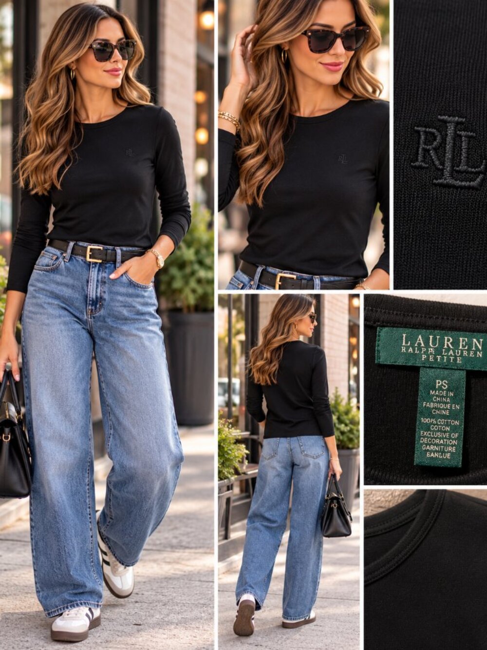 Lauren Ralph Lauren Black Cotton Top PS Embroidered Logo Long Sleeve